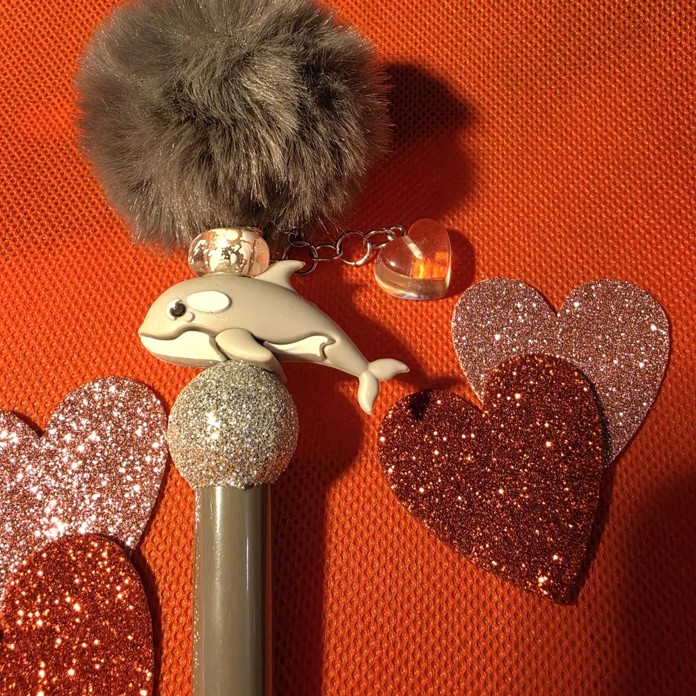 Gray Pom Pom Dolphin Pen with Dangling Heart Charm